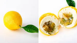 Lemon trompe-l'œil shown whole and cut, with mint and candied-lemon center